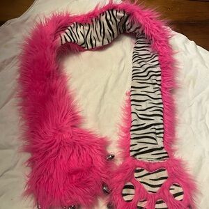 Justice Pink Furry Kids scarf with paw print mittens with Zebra Print